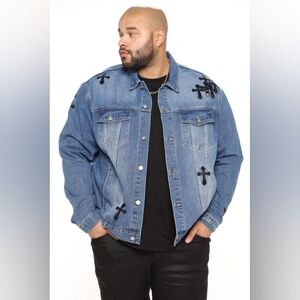 Nova Men Cross Patch Medium Wash Denim Trucker Jacket Size XXL